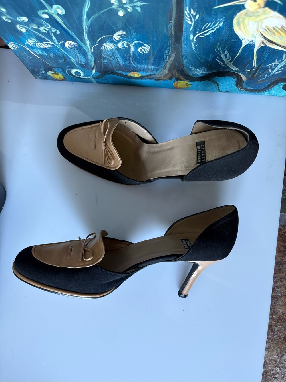 Stuart Weitzman Black and Beige D'Orsay Bow Heel Pumps
